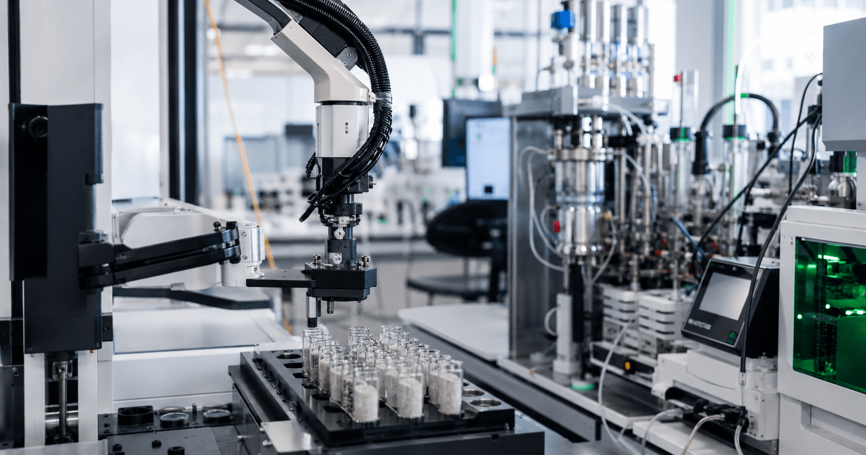 Automated laboratory system with robotic sample handling equipment for AI-driven catalyst discovery and high-throughput materials research.