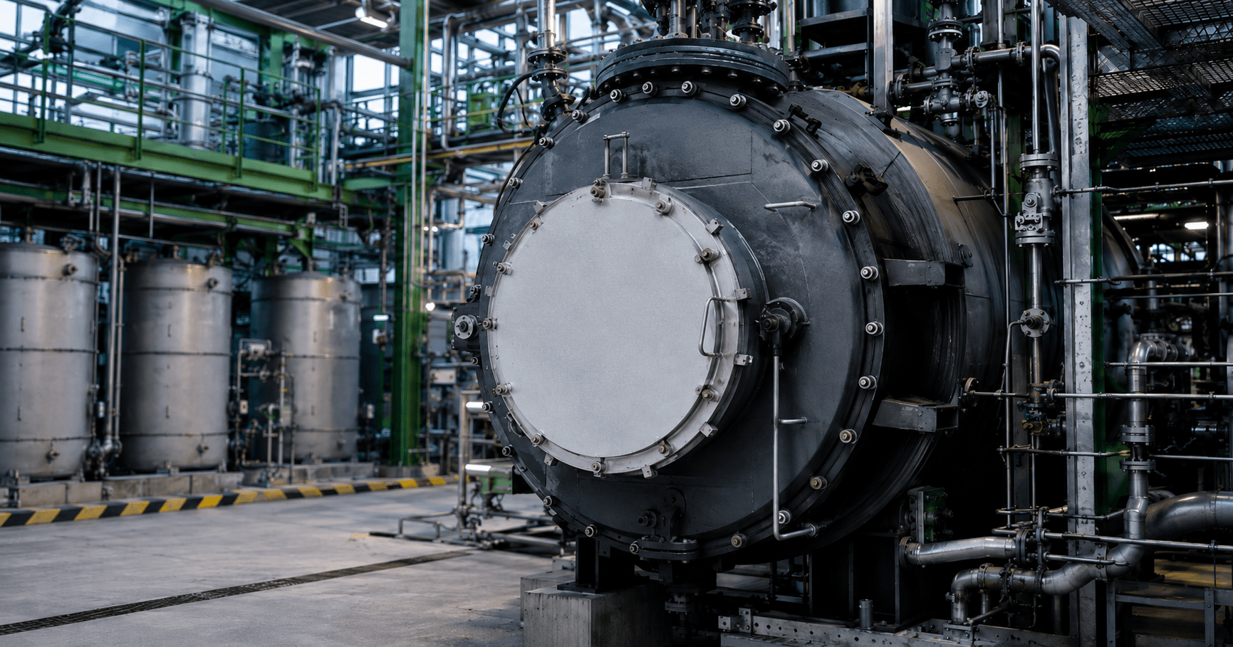 Industrial chemical recycling facility with pyrolysis reactor equipment, pipelines, and processing units representing circular plastics production and advanced recycling technology.