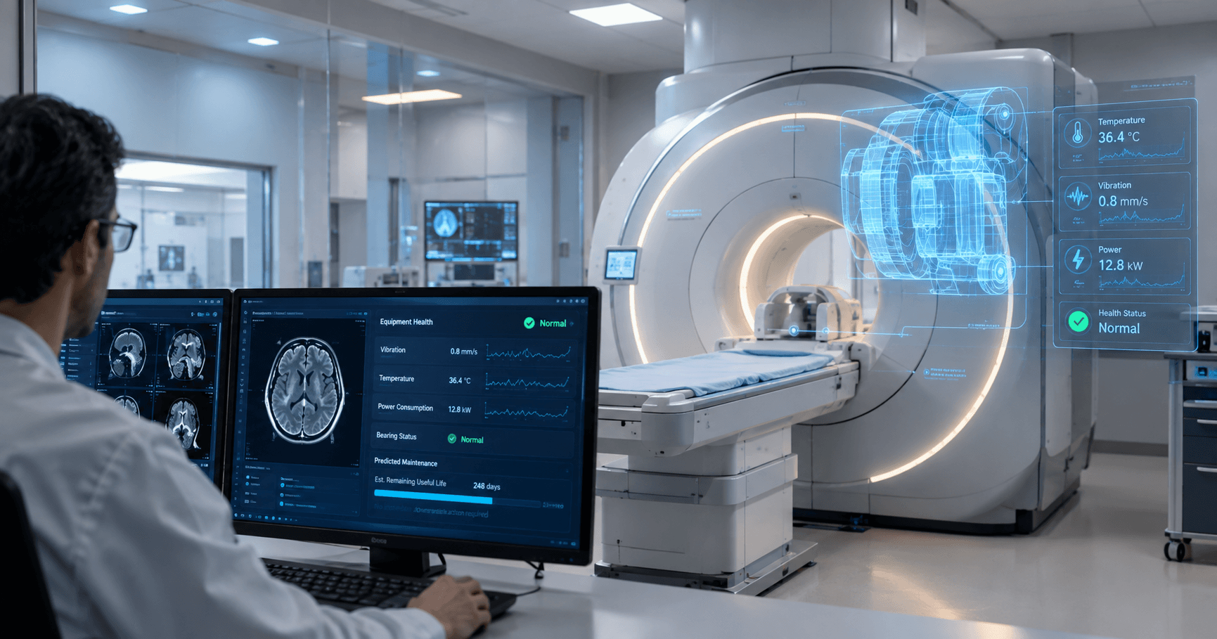 AI-powered predictive maintenance monitoring an MRI machine in a hospital