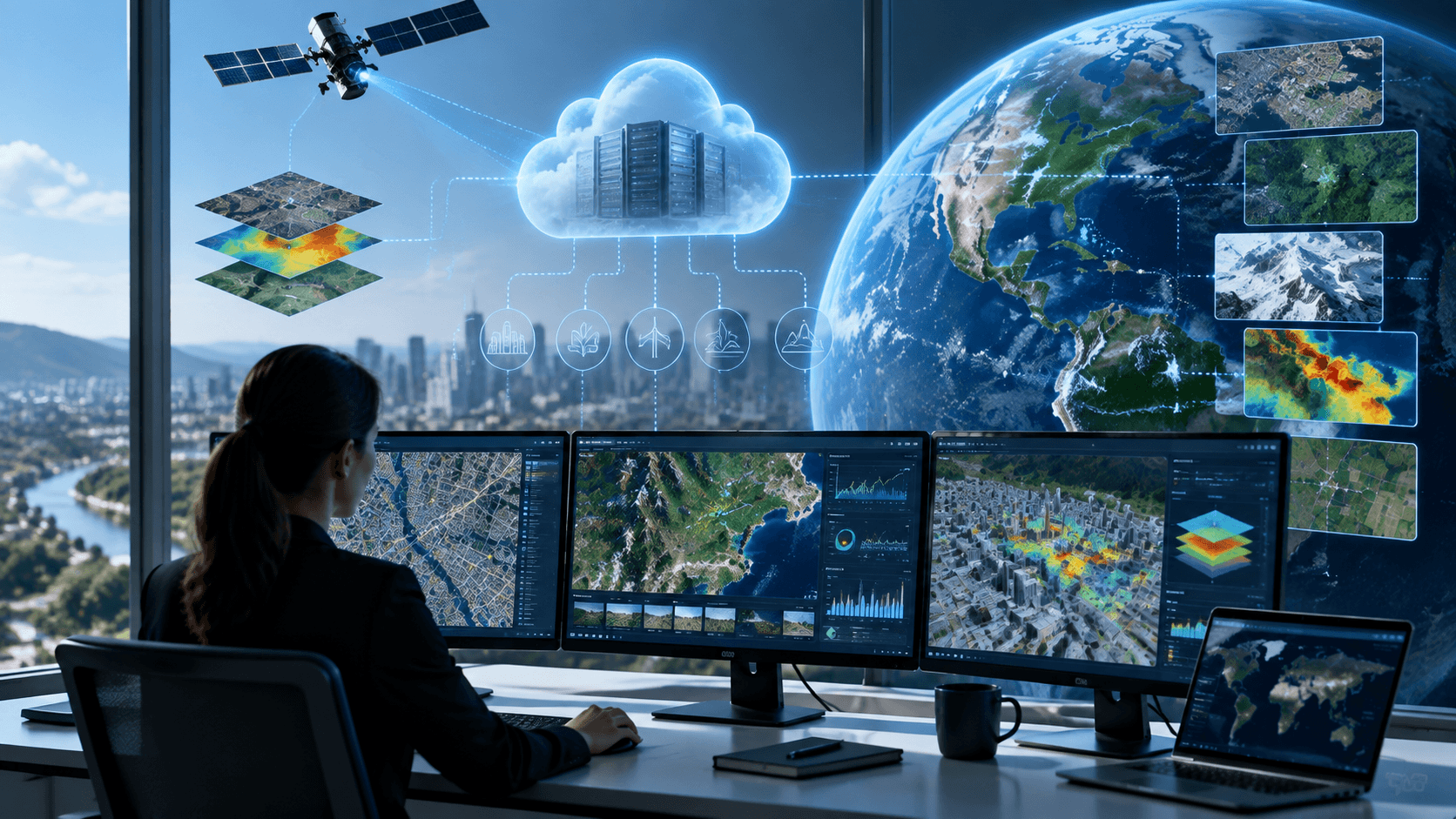 Cloud GIS technology platform with satellite imagery, AI-powered geospatial analytics, and digital mapping systems for advanced location intelligence
