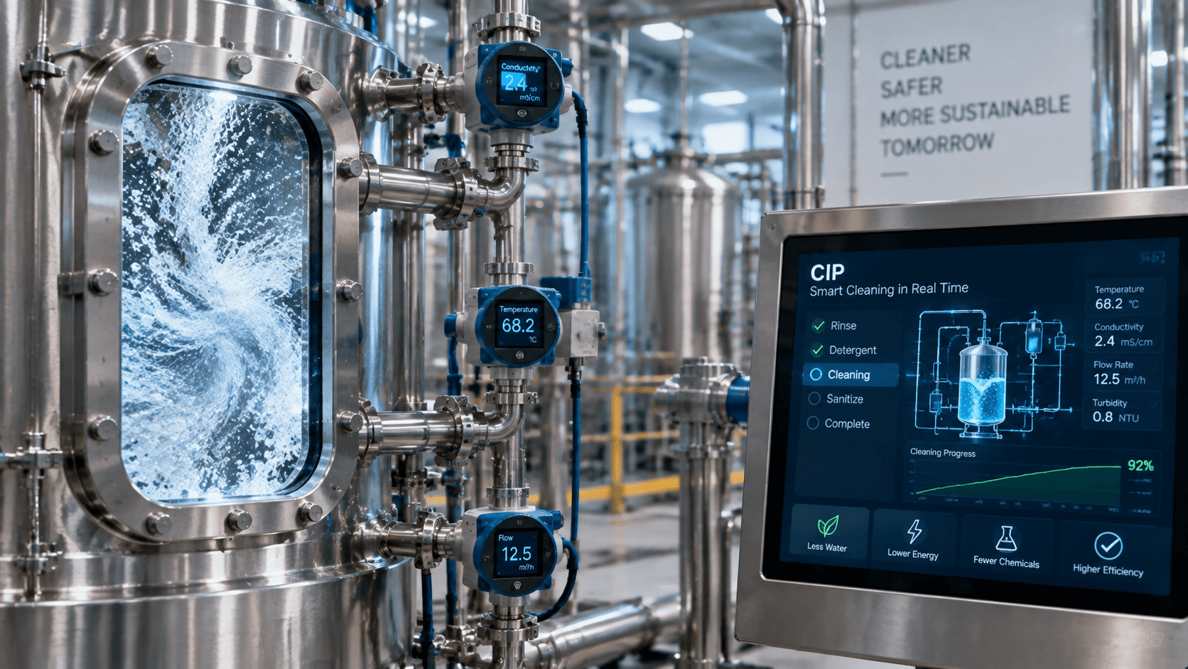 Smart Clean-in-Place (CIP) technology system with industrial sensors, automated cleaning equipment, and real-time monitoring in a modern processing facility