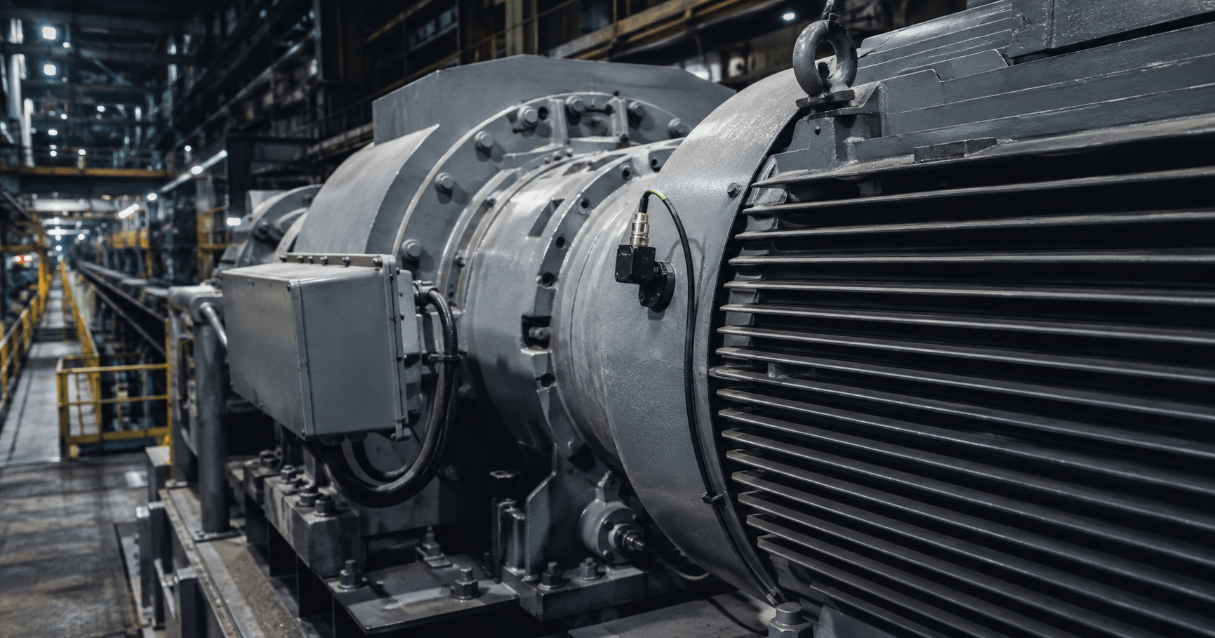 Industrial motor, drive assembly, and conveyor system in a heavy-industry plant, representing predictive maintenance, condition monitoring, and asset reliability.