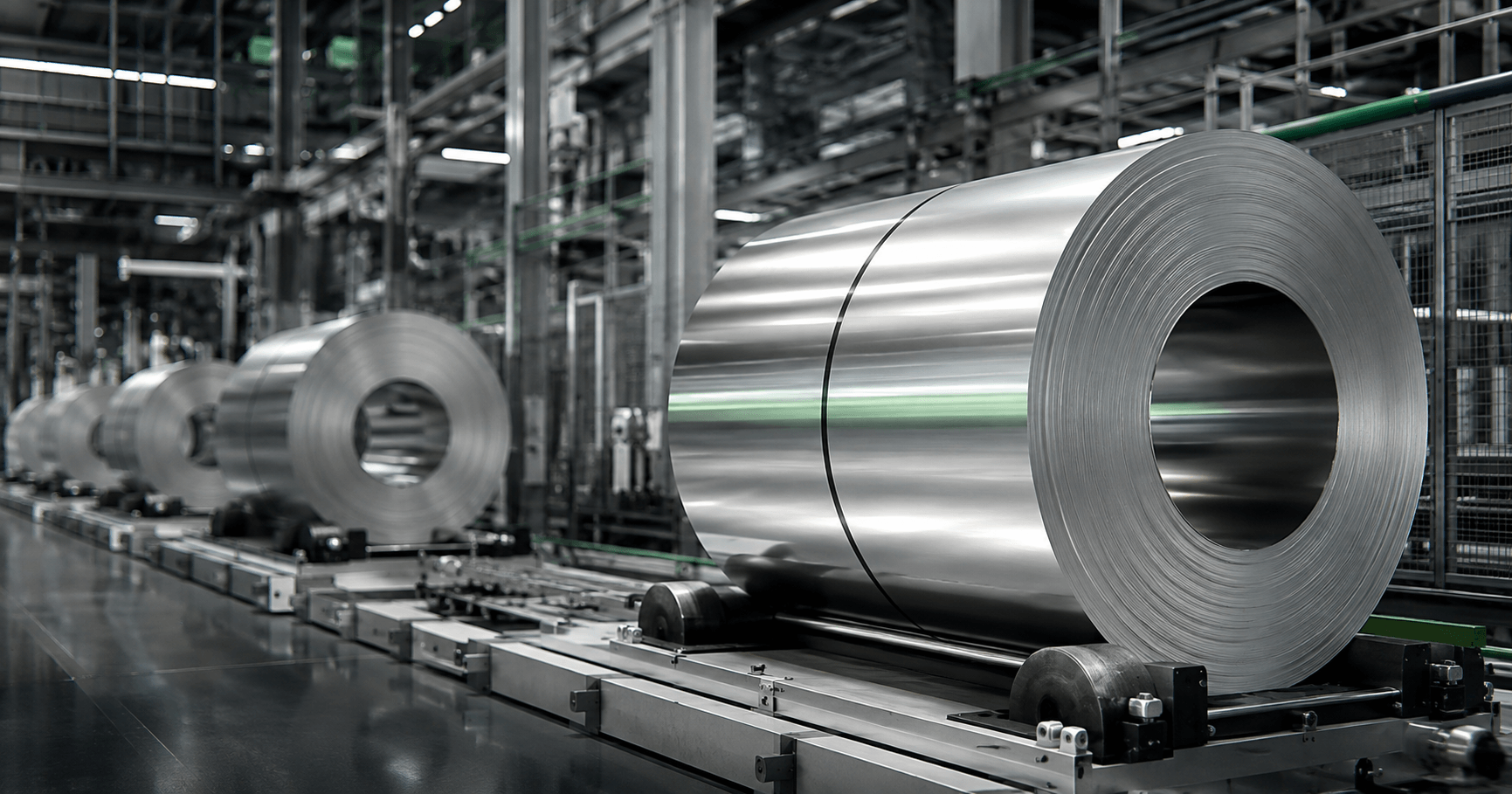 Advanced stainless steel manufacturing line with large stainless steel coils, representing alloy innovation, industrial technology development, and modern metallurgy processes.